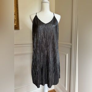 🌺$5 ONE LOVE CLOTHING Silver Metallic Pleated Cocktail or Party Slip Dress Sz S